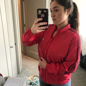 RED ADIDAS ZIP UP JACKET WITH MAROON STRIPES